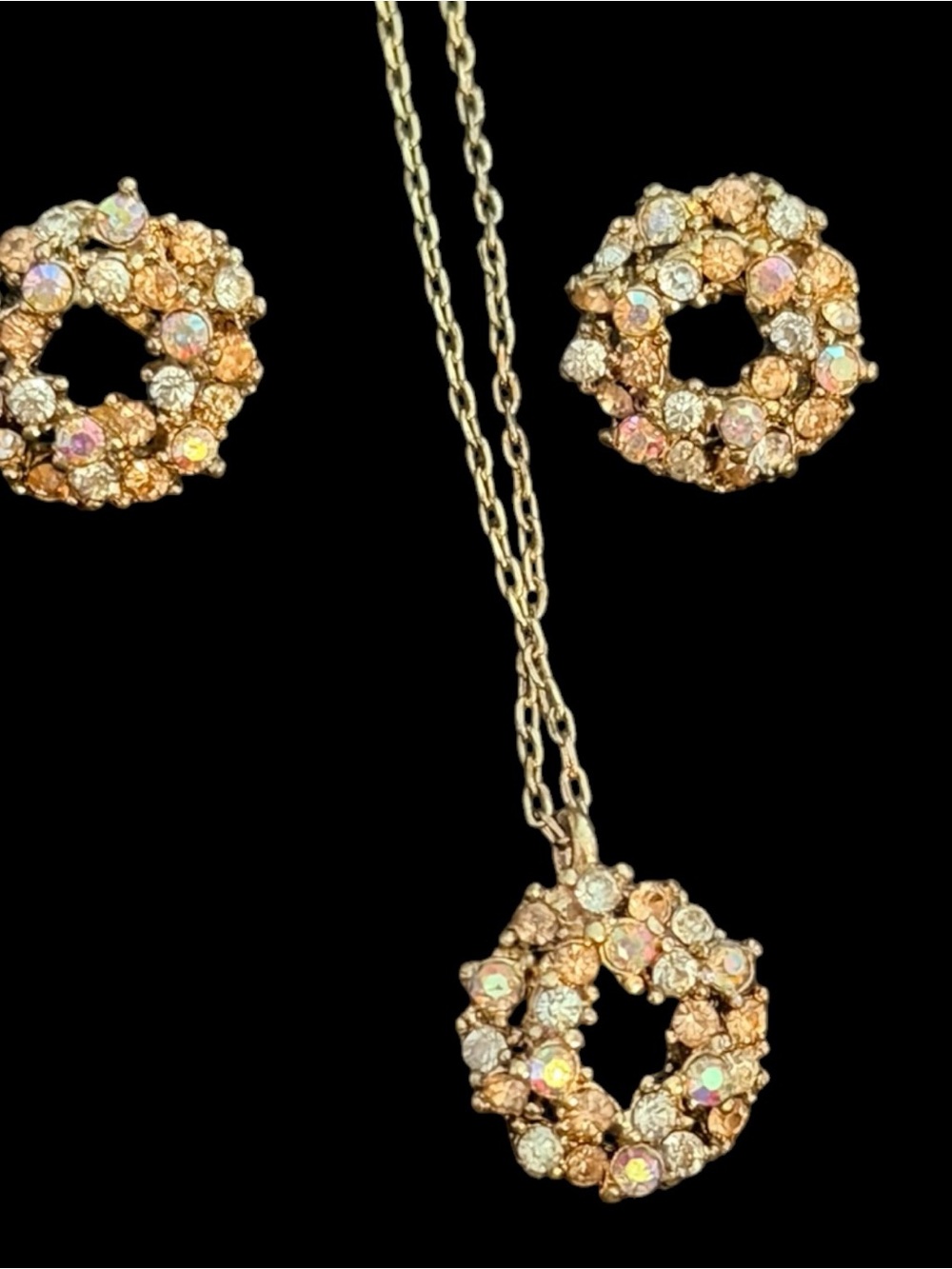 Vintage Champagne AB Rhinestone Wreath Necklace Stud Earrings Set